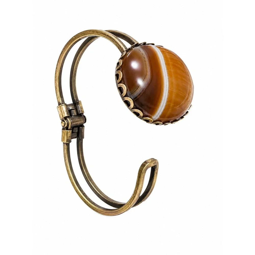 Vintage Botswana Agate Cuff Bracelet Banded Brown Stone Brushed Gold Tone Hinged